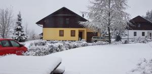 a house covered in snow with a red car at Villa Park Lipno 206 in Lipno nad Vltavou