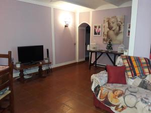 a living room with a couch and a tv at La Mansarda di Marilyn in Toscana in Cetona