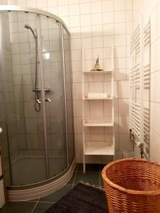 a bathroom with a shower with a chair and a basket at Winterbergappartments in Winterberg