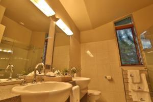 a bathroom with a sink and a toilet and a mirror at Ironstone Romantic Couples Retreat in Halls Gap