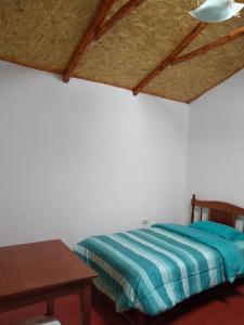 a bedroom with a bed and a table and a ceiling at Samana Wasi in Yanque