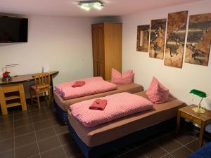 Habitación con 2 camas con almohadas rosas. en Pension Scheffler en Potsdam