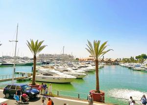 a group of boats parked in a marina with palm trees at Nautic in Quarteira
