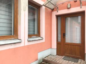 a pink house with a wooden door and two windows at Appartment Mittweida in Mittweida
