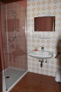 ein Bad mit einem Waschbecken und einer Dusche in der Unterkunft Haus Schwaighofer in Neukirchen am Großvenediger