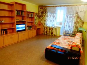 トムスクにあるАпартаменты 2-к Иркутский тракт 12のベッドルーム(ベッド1台、テレビ、棚付)