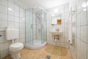 a bathroom with a toilet and a sink and a shower at Chesscom Guesthouse in Budapest