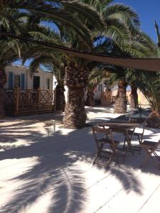 eine Terrasse mit Palmen, einem Tisch und Stühlen in der Unterkunft FLAMANTS ROSES 3 in Frontignan