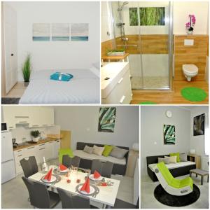a collage of photos of a kitchen and a living room at Island Apartment Budapest in Budapest