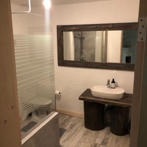 a bathroom with a sink and a toilet and a mirror at ГУЦУЛЬСЬКА ХАТА in Yasinya