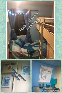 インゴールドメルズにあるTaylor’s Caravan Butlins Skegness 8 berthの二段ベッド付きのベッドルームの写真のコラージュ