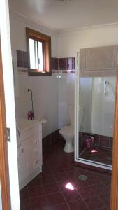 a bathroom with a shower and a toilet and a sink at Kincumber House in Kincumber