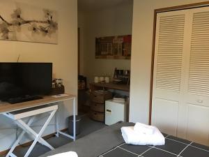Zimmer mit einem Schreibtisch, einem TV und einem Computer. in der Unterkunft Self contained and private room in Dunedin