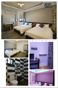 a collage of three pictures of a hotel room at And B&B in Hengchun