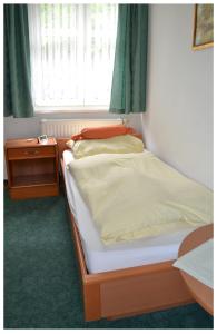 a bedroom with a bed and a nightstand and a window at Pension & Restaurant " Zum Harzer Jodlermeister" in Altenbrak