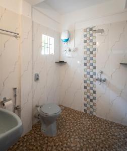 a bathroom with a toilet and a bath tub at de LAVENDER ac HOSTEL in Agonda