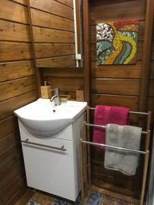 a bathroom with a sink and a towel rack at Charmant bungalow au cœur de l’île in Baie-Mahault