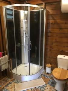 a glass shower in a bathroom with a toilet at Charmant bungalow au cœur de l’île in Baie-Mahault +4 photos