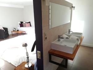 a bathroom with a white sink and a mirror at Aux Caprices d'Aubrac in Laguiole