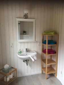 a bathroom with a sink and a mirror and shelves at Apartments im Schwedenstil in Papenburg