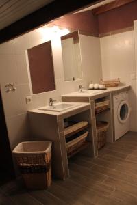 a bathroom with a sink and a washing machine at GITES LES MAISONS ROUGES in Jasseron
