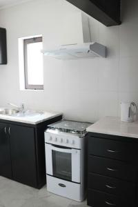 eine Küche mit einem weißen Herd und einer Spüle in der Unterkunft Apartamento Preguiça in Espargos
