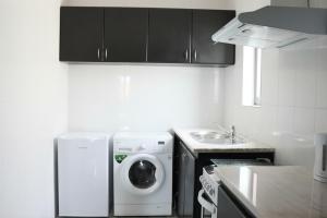 eine Küche mit einer Waschmaschine und einem Waschbecken in der Unterkunft Apartamento Preguiça in Espargos