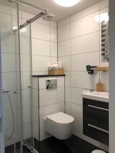 ein Bad mit einem WC, einem Waschbecken und einer Dusche in der Unterkunft A'DAM CENTRE CHIC in Amsterdam