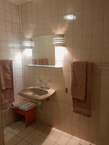 uma casa de banho com lavatório, espelho e toalhas em hotel pension steiner em Windhoek