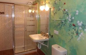 a bathroom with a sink and a shower and a toilet at Casa Rural La Alfarera in Corral de Calatrava