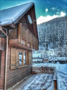 a log cabin with a deck in the snow at Chata Jana Demänovská Dolina in Demanovska Dolina