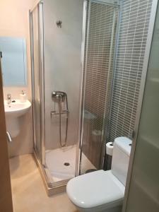ein Bad mit einer Dusche, einem WC und einem Waschbecken in der Unterkunft Rincón del mercado in Las Palmas de Gran Canaria