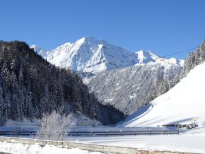 una montaña cubierta de nieve con un tren delante de ella en Apart Tyrol, en Umhausen