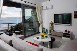 een woonkamer met een bank en een tv bij Holy Paraskevi Apartment in Agios Nikolaos