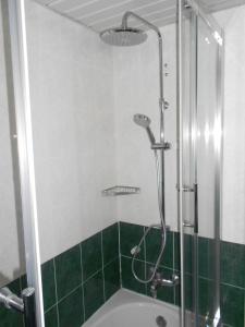 a shower in a bathroom with a green tile at Aegean Princess Apartments And Studio in Marmaris