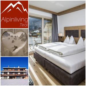 un collage de fotos con una cama y un hotel en Alpinliving.Tirol, en Aschau