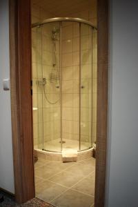 a shower with a glass door in a bathroom at Pension Ethner in Bad Driburg