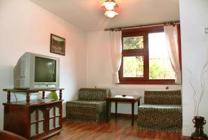 a living room with a tv and two chairs and a window at Nenchova Guest House in Koprivshtitsa