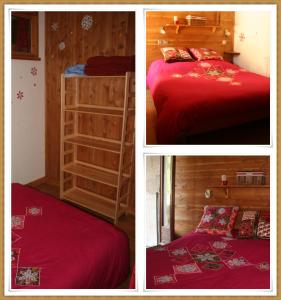 three pictures of a bedroom with a bed and a ladder at Le Serre in Abriès