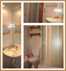 three pictures of a bathroom with a toilet and a sink at Le Serre in Abriès