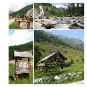a collage of four pictures with a sign and a mountain at Le Serre in Abriès +5 photos