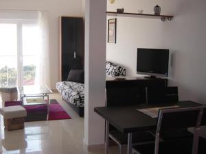 a living room with a television and a table with a couch at Apartments Sanmar in Mandre