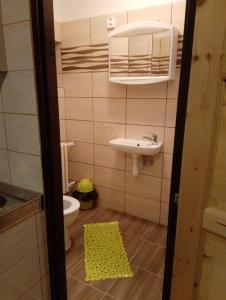 a small bathroom with a sink and a toilet at Chata Pepino in Ludvíkov