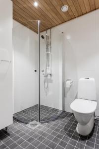 uma casa de banho com um chuveiro e um WC. em Apartment Station em Oulu