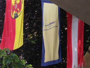 eine Gruppe von Flaggen, die von einem Gebäude hängen in der Unterkunft Gasthof-Pension Weisz-Artner in Frauenkirchen