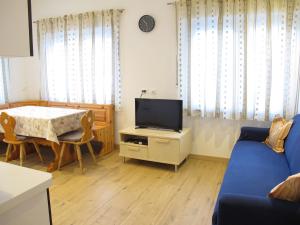 a living room with a tv and a table and a blue couch at Appartamenti Col Rodella in Campitello di Fassa