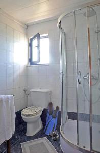 a bathroom with a toilet and a glass shower at Blue Sky in Frangokastello