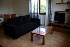 a living room with a black couch and a coffee table at La Cueva del Tempranillo in Huércanos