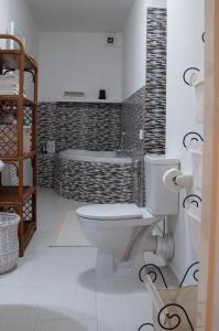 a bathroom with a toilet and a bath tub at Apartmán Železnice in Železnice