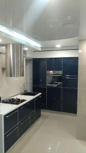- une cuisine avec des placards bleus et une cuisinière dans l'établissement Falcon-X apartment, à Mykolaïv